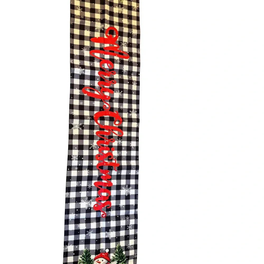 Merry Christmas Buffalo Plaid Table Runner Snowman Holiday Decor Black White Red
